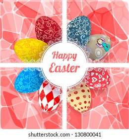 Easter pink background card with 3D ornament eggs. Vector illustration