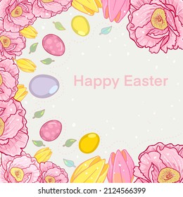 Marco de fondo rosa de Pascua con delicadas flores de primavera y huevos de Pascua, con letras de Pascua feliz, fondo cuadrado, vector, dibujado a mano