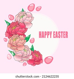 Easter pink background frame with delicate spring flowers and easter eggs, lettering happy easter, square background, vector, hand drawn