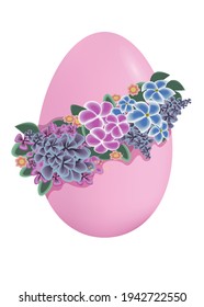 Easter pink egg in a wreath of flowers on a white background. Vector image.