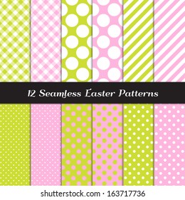 Easter Pink, Green and White Jumbo Polka Dots, Gingham and Stripes Seamless Patterns. Blog Background in Pastel Colors. Pattern Swatches included and made with Global Colors.