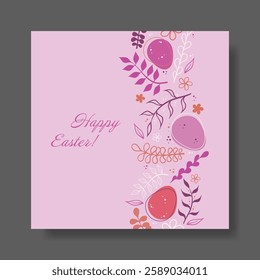 Easter. Pink and purple greeting card with decorative eggs, branches, and floral patterns. Elegant seasonal holiday design with a warm and festive feel.