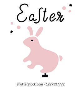 Osterrosa Kaninchenfigur, Ostern auf weißem Hintergrund schreiben. Grußkarte, Geschenkkarte.