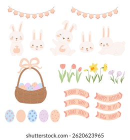 Easter pink set elements in flat cartoon design. Bundle of flag garlands, basket with decoration eggs, first flowers, rabbits, direction banners for holiday hunt game. Vector illustration isolated.
