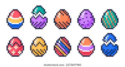 Easter pixel 8 bit eggs. Pixel art arcade game eggs, painted chicken eggs, chicken egg hunt game flat vector illustration set