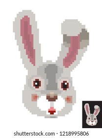Easter pixel art rabbit hunter pixel art, funny 8 bit game style. Cute pretty Easter rabbit,pet logo, character isolated on white background. Cartoon rabbit icon. Vector illustration pixel art animal.