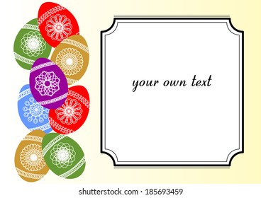 Easter placard background with colored eggs and blank frame for own inscription, headline, offer, invitation,  message, greeting, Easter eggs with classical folklore ornament