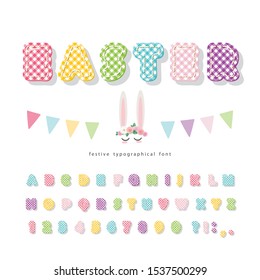 Easter plaid font. Colorful textile alphabet. Cute decorative 3d ABC letters and numbers. Vector illustration