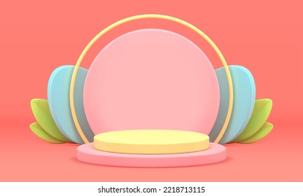 Easter podium 3d stage chicken eggs leaves traditional spring decor element realistic vector illustration. Scene pedestal colored cylinder level foundation product promo performance studio background