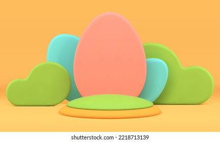 Easter podium decorative pedestal round stage with chicken eggs clouds element 3d design realistic vector illustration. Religious festive holiday bright pedestal scene platform for product performance