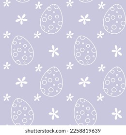 Easter polka dot pattern eggs and flowers seamless pattern on pastel puple background. Hand drawn doodle vector illustration.