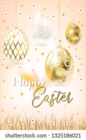Easter porceline and golden eggs and confetti in the cream sky and grass