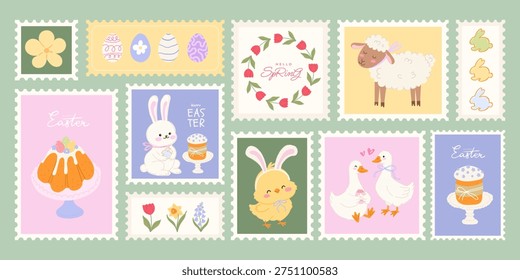 Easter postage stamp collection with bunny, lamb, chick, geese, spring flowers and traditional cakes in cute hand drawn doodle style. Vector design set for greeting cards, invitations, scrapbooking, stickers