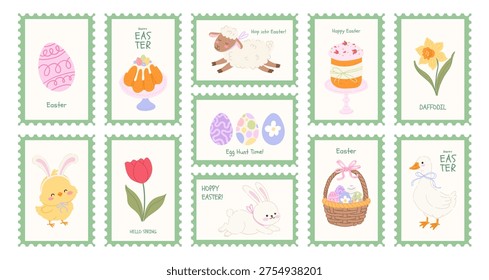Easter postage stamp collection with cute bunnies sheep chick and traditional cakes in hand drawn doodle style. Vector vertical design set for holiday greeting cards scrapbooking and stickers