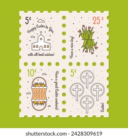 Sello de Pascua en colores Pastel con Greetings y Memphis Design Elements. Iglesia tradicional americana con cruz, hierba con flor de tulipán, cesta con flores de primavera, cruz cristiana