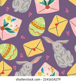 Easter. Postal envelopes with flowers. Rabbit and Easter egg. Vector seamless Pattern. Dark background, wallpaper, cartoon style