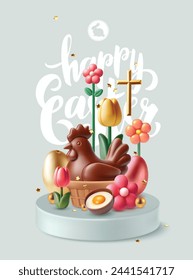 Easter postcard in 3D minimalist cartoon style with chocolate chicken in the basket,  Easter eggs, flowers and calligraphic inscription which you can replace by your own text.