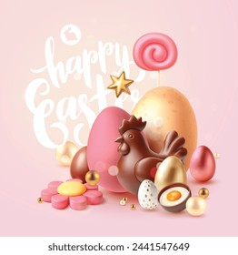 Easter postcard in 3D minimalist cartoon style with chocolate chicken, Easter eggs, decorations and calligraphic inscription which you can replace by your own text.