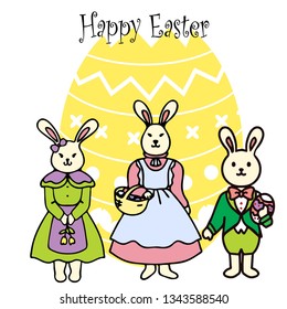 Easter postcard with bunny, tulips and eggs in line art style with bright color EPS 10