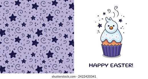 Postal de Pascua con pastel de Pascua con pollo, saludo al estilo de las caricaturas. Conjunto de ilustraciones de Pascua dibujadas a mano. Ilustración vectorial. Estilo Doodle. Panadería de Pascua dibujada a mano con anidamiento.