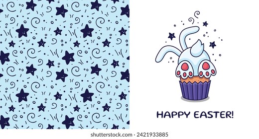 Easter postcard with Easter cake, rabbit, hare, greeting in cartoon style. Hand drawn Bunny cupcake for designing baby clothes, Easter postcard. Kids design texture. Vector illustration. Doodle style.