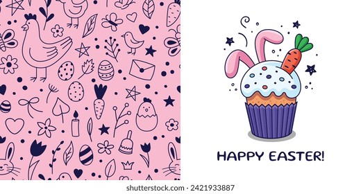 Easter postcard with Easter cake, rabbits ears, carrot in cartoon style. Set of Hand drawn Easter illustrations. Cartoon Bohemian nursery print. Kids design texture. Vector illustration. Doodle style.