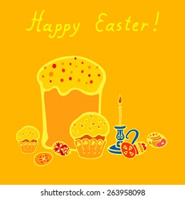 Easter postcard with cakes, candle and painted eggs