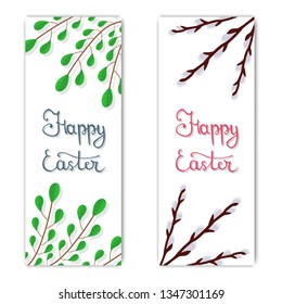 Easter Postcard. Calligraphy Lettering Happy Easter Inscription. Greeting or Invitation with Green Branches and Willow Twigs. Vector illustration for Your Design, Web, Print.