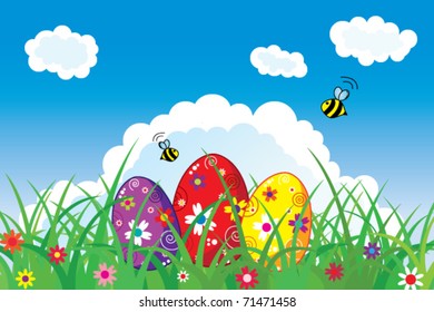 Easter postcard with colored eggs in nature
