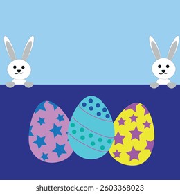 Easter postcard with a copy of the space for your text, Easter bunnies and colorful eggs, flat vector illustration
