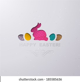 Easter postcard with cut out vintage colored paper egg and Easter bunny. 