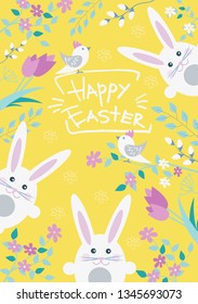 Easter postcard with cute Easter bunny, birds, flowers and verba, vector illustration. Happy Easter!