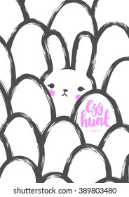 Easter Postcard with Cute Bunny and Eggs. Childish Minimalist Naive Style. Japanese Kawaii Vector Illustration. EPS8.