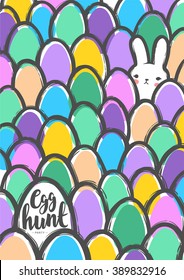Easter Postcard and Cute Bunny   Eggs  Childish Minimalist Naive Style  Japanese Kawaii Vector Illustration  EPS8 