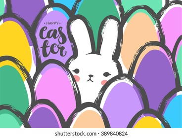 Easter Postcard with Cute Bunny and Eggs. Childish Minimalist Naive Style. Japanese Kawaii Vector Illustration. EPS8.