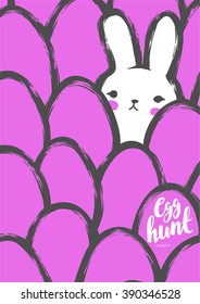 Easter Postcard with Cute Bunny and Eggs. Childish Minimalist Naive Style. Japanese Kawaii Vector Illustration. EPS8.
