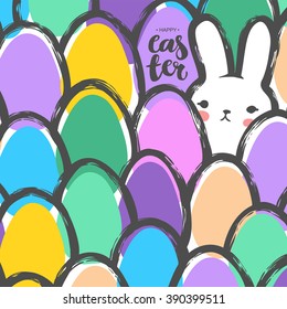Easter Postcard with Cute Bunny and Eggs. Childish Minimalist Naive Style. Japanese Kawaii Vector Illustration. EPS8.