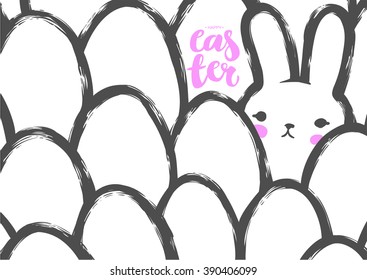 Easter Postcard with Cute Bunny and Eggs. Childish Minimalist Naive Style. Japanese Kawaii Vector Illustration. EPS8.