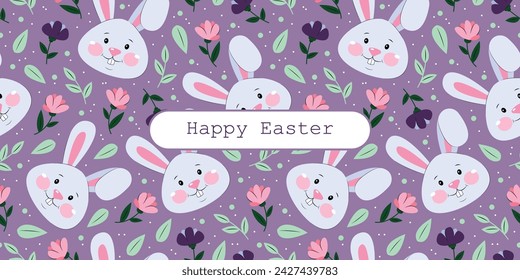 Easter postcard with cute bunny and flowers, cartoon	