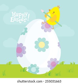 Easter postcard with cute little chick on the big decorated egg. Sky with clouds on the background and Happy Easter lettering.