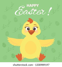 Easter postcard with cute little chicken. Happy Easter lettering. Vector illustration in cartoon style for presents, invitation, holiday interior design.