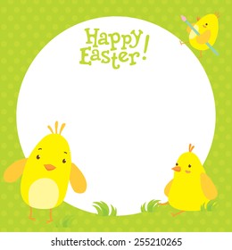 Easter postcard with cute little chickens and white free space for text message in the middle. Happy Easter lettering.