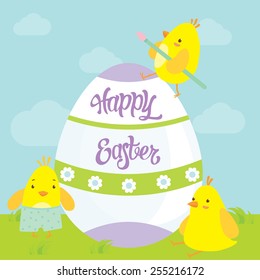 Easter postcard with cute little chickens and big decorated holiday egg. Happy Easter lettering.