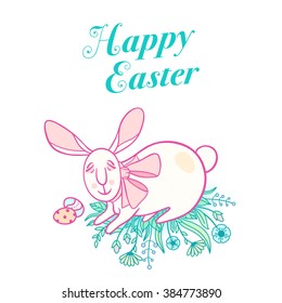 Easter postcard with cute rabbit and colorful eggs.