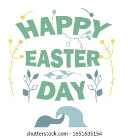 Easter postcard design, colorful green lettering with congratulations and doodle branches. Vector stock illustration in cartoon style.