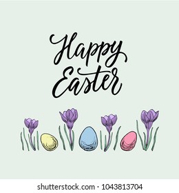 Easter postcard design with simple drawing of flowers, eggs and hand written calligraphy.