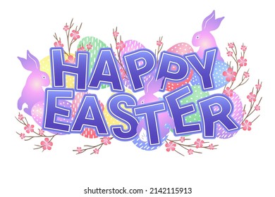 Easter postcard with Easter eggs, rabbit, bunny and branch with pink flowers. Decorative frame with color elements. Unique design for your greeting cards, banners, flyers. Vector in modern style.