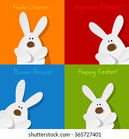 Easter Postcard in four languages with sweet Bunnies.