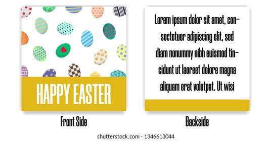 Easter Postcard. Greeting or Invitation with Different Eggs. Front Side and Backside of Postcard. Vector illustration for Your Design, Web, Print.