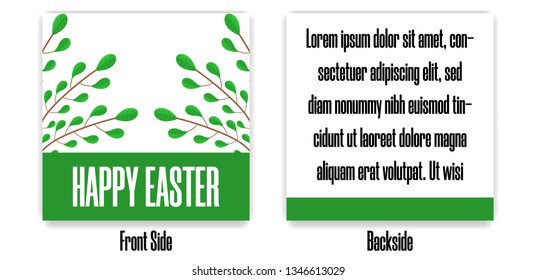 Easter Postcard. Greeting or Invitation with Green Branches. Front Side and Backside of Postcard. Vector illustration for Your Design, Web, Print.